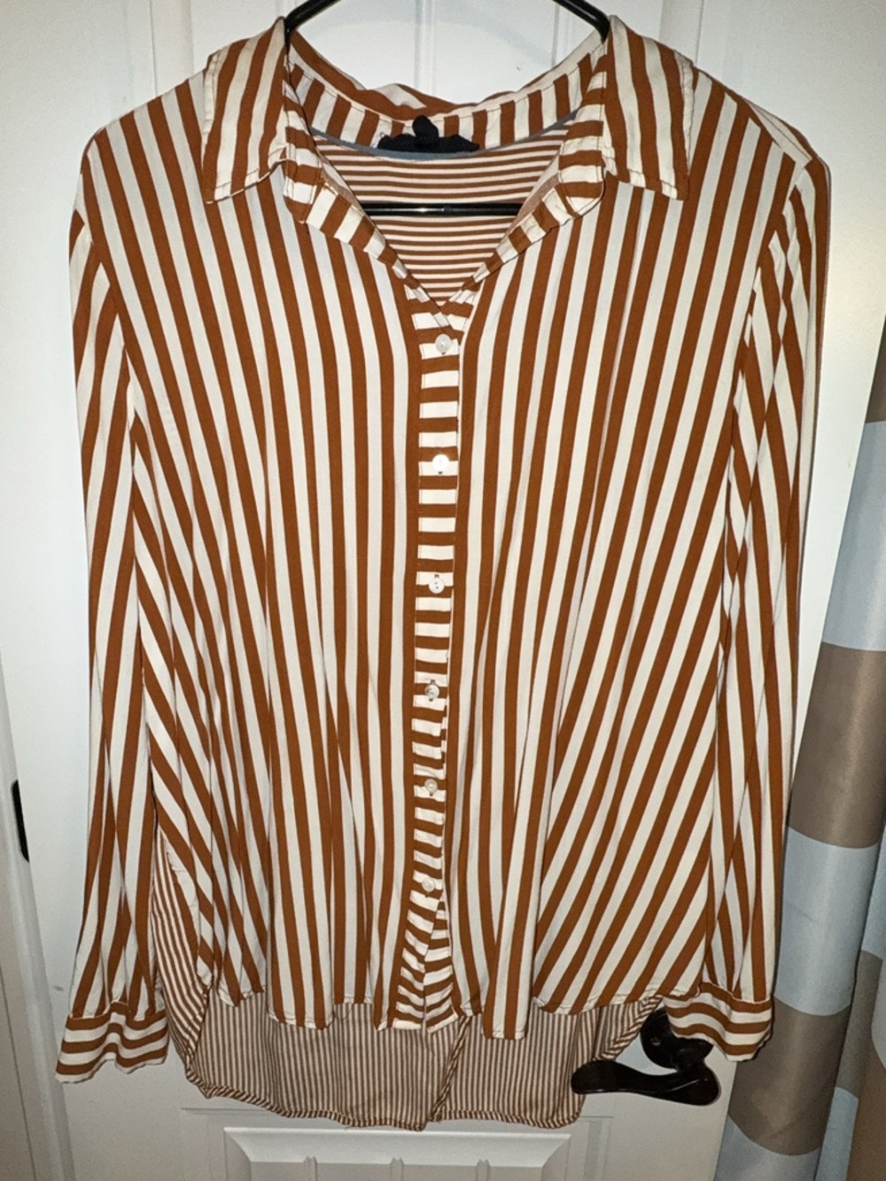 Striped Brown and White Button-Front Blouse